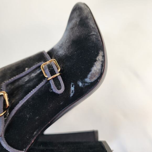 Tory Burch Carley Velvet Booties Gray Grigio Block Heel Buckle Shoes 6.5M - Picture 3 of 6
